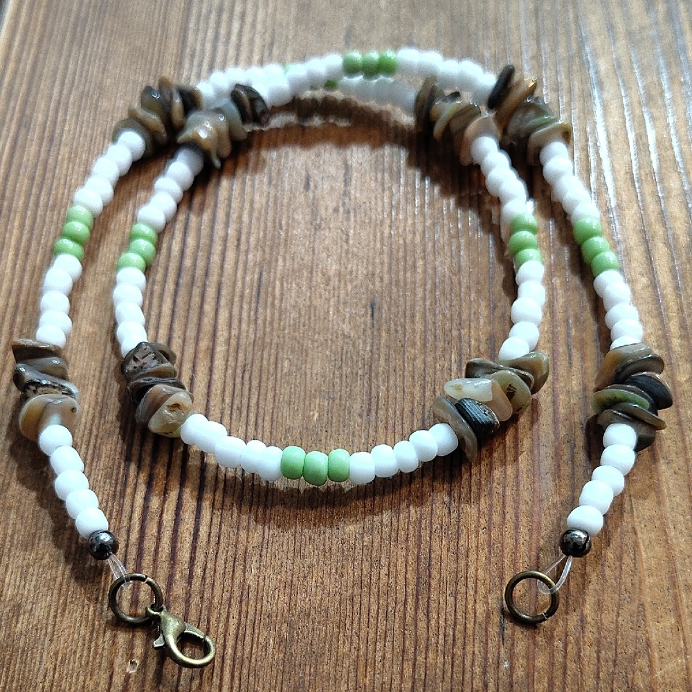 Men's White and Green Beaded Necklace,  Handmade Beach Style Men's Necklace
